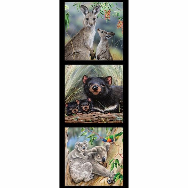 Australian Wildlife Art 5 Kangaroo Koala Tasmanian Devil Cotton Quilting Fabric Small Panel