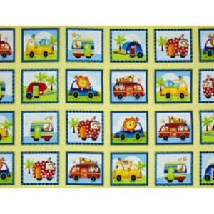 Jungle Camp Animals in Cars and Caravans in Boxes Cotton Quilting Fabric Panel
