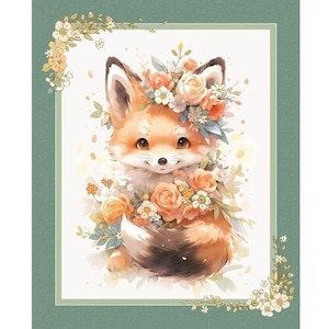 Könnte beinhalten: Aquarellillustration eines bezaubernden Fuchses, geschmückt mit einem Blumenkranz und einem Rosenstrauß. Der Fuchs hat orangefarbenes Fell, eine weiße Brust und einen flauschigen Schwanz. Das Bild ist in einen grünen Rahmen mit floralen Akzenten gesetzt.