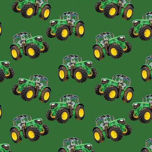 May include: A seamless pattern featuring multiple green tractors with yellow wheels on a green background.