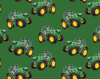 Tela de algodón verde sólido 7105H con diseño de tractor de maquinaria agrícola, 1/2 yarda