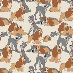 Disney Lady and the Tramp Perfect Fur Family Cream Cotton Quilting Fabric 1/2 YARD