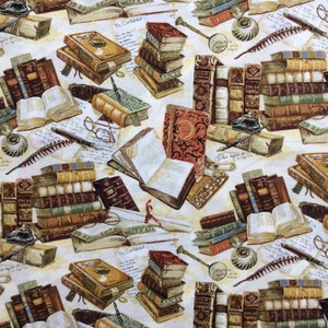 Books Victorian Vintage Parchment Pens Cotton Quilting Fabric 1/2 YARD