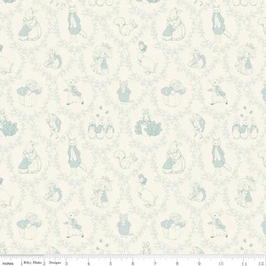 May include: Off-white fabric with a repeating pattern of light blue illustrations of rabbits, squirrels, ducks, and other animals. The illustrations are surrounded by a light blue vine-like design. The fabric is measured in inches.
