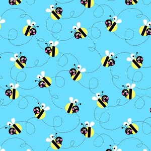 May include: A repeating pattern of cartoon bees on a light blue background. The bees are yellow and black with white wings and smiling faces. Dotted lines trail behind each bee, creating a whimsical design.