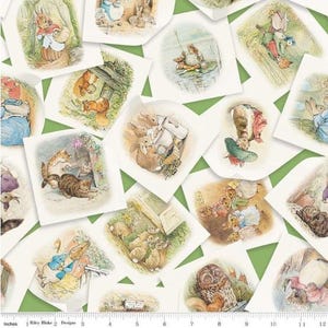 May include: A fabric pattern with illustrations of animals in a storybook style. The images include rabbits, squirrels, cats, and an owl, set against a white background with green geometric shapes. The illustrations are in soft, muted colours.
