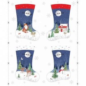 May include: Four Christmas stocking designs with winter scenes. Each stocking features a red cuff, a blue background with a full moon, and a winter landscape with a fox, a house, deer, and a snowman. Snowflakes are scattered around the stockings.
