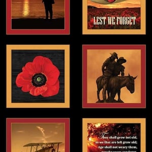 May include: A black and red fabric with a collage of images related to Remembrance Day. The images include a silhouette of a soldier playing a bugle, a poppy flower, a soldier on horseback, a vintage airplane, and a hat with a poppy. The text "Lest We Forget" is included in the collage.