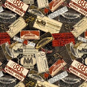 May include: A vintage Halloween-themed fabric featuring a dark brown background with a spiderweb pattern. The fabric is covered with various labels and illustrations, including a bat, a snake, and various poison labels. The labels are in a vintage style with a gothic font and include text such as "Snake Venom", "Witch's Brew", and "Arsenic".