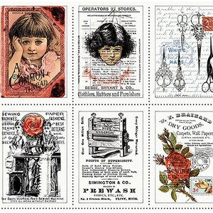Pode incluir: Uma colagem de anúncios vintage com artigos de costura, incluindo agulhas, linha, tesouras e uma máquina de costura. Os anúncios são em preto e branco com acentos vermelhos e apresentam ilustrações de crianças e rosas.
