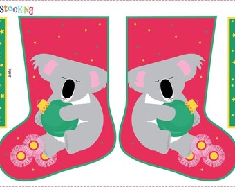 May include: A Christmas stocking pattern featuring a koala holding a green ornament. The stocking is red with white trim and a green background with yellow stars. The pattern includes a tag and a separate piece for the top of the stocking.