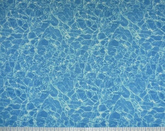 May include: A close-up of a blue fabric with a rippling water pattern. A white measuring tape with black numbers is at the bottom of the image. The numbers on the tape read 25, 26, 27, 28, 29, 30, 31, 32, 33, 34, and 35.