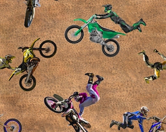 Allover Novelties Motorrad Motorrad Stunts Dirt 4033D Baumwolle Quilting Stoff 1/2 YARD