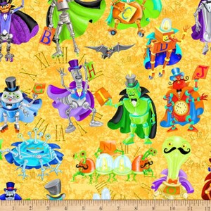 May include: A colourful fabric with a repeating pattern of robots, bugs, and clocks. The robots are wearing hats and capes and holding letters. The bugs are wearing hats and have moustaches. The clocks are in the shape of Roman numerals.