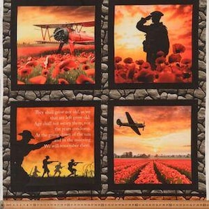 May include: A fabric panel with four framed images depicting scenes of war. The images show a biplane, a saluting soldier, silhouettes of soldiers, and a plane over a field of red flowers. The background is a sunset.