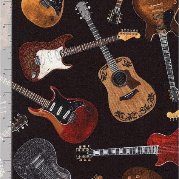 Guitares jetées Rock Out Noir C4824-BLK Tissu matelassé en coton 1/2 YARD