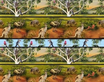 Australische Wildlife Valley Streifen Känguru Emu Koala Wombat Baumwolle Quilten Stoff 1/2 YARD