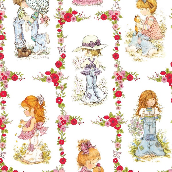 Sarah Kay With Love Characters Flowers Border Stripe DV5054 Tissu matelassé en coton 1/2 YARD