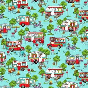 Roamin&#39; Holiday Caravans Campers Light Blue Cotton Quilting Fabric 1/2 YARD