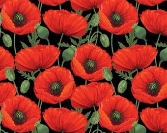 Honour the Light Horse Brigade Poppies Black Cotton Quilting Fabric 1/2 YARD