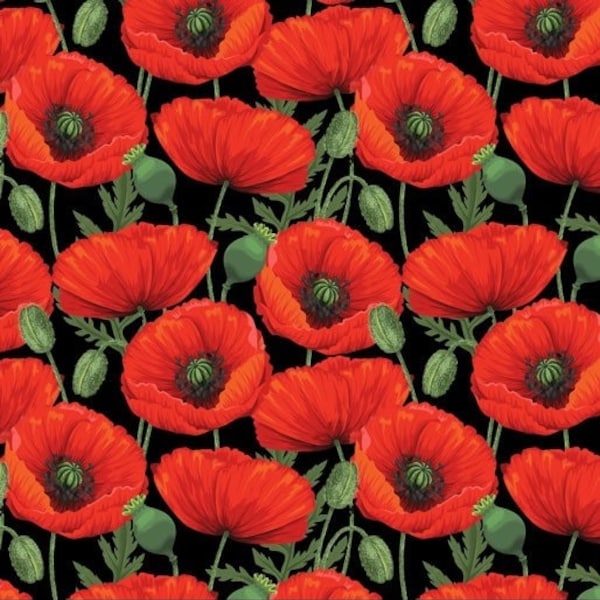 Honour the Light Horse Brigade Poppies Black Cotton Quilting Fabric 1/2 YARD