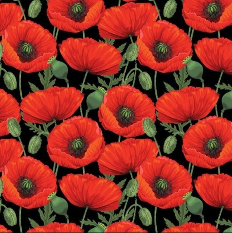 Honorez la Brigade des Chevaux Légers Coquelicots Tissu Matelassé en Coton Noir 1/2 YARD image 1