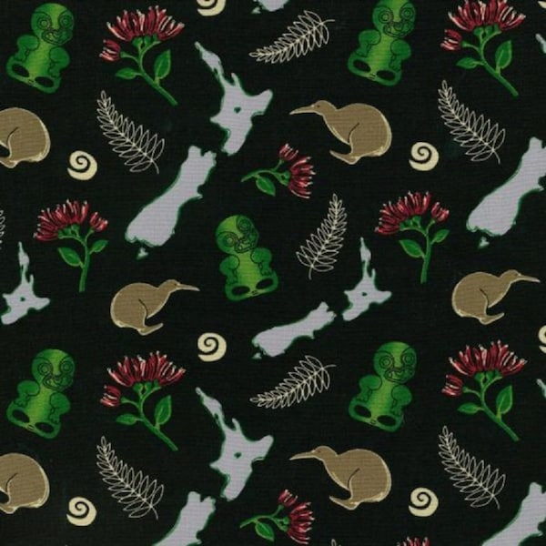 New Zealand Kiwi Icons Tiki Fern Map Black Background Cotton Quilting Fabric 1/2 YARD