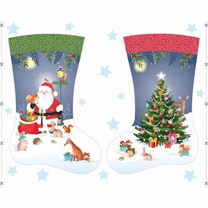May include: Two Christmas stockings featuring winter scenes. The left stocking shows Santa Claus with a red sack, a street lamp, and forest animals. The right stocking displays a decorated Christmas tree, gifts, and a deer on a snowy ground.