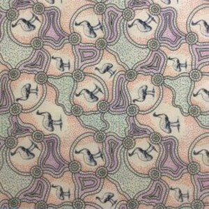 May include: A beige fabric with a repeating pattern of stylized birds, circles, and swirls in shades of pink, green, and brown. The fabric is measured with a ruler in inches.