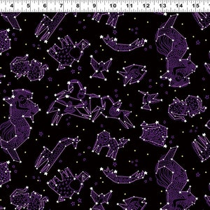 Celestial Magic Zodiacs Black Background Gold Metallic Cotton Quilting Fabric 1/2 YARD