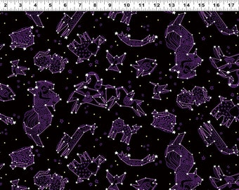 Celestial Magic Zodiacs Black Background Gold Metallic Cotton Quilting Fabric 1/2 YARD