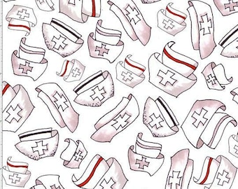 Loralie Nifty Nurses Caps White Cotton Quilting Fabric 1/2 YARD