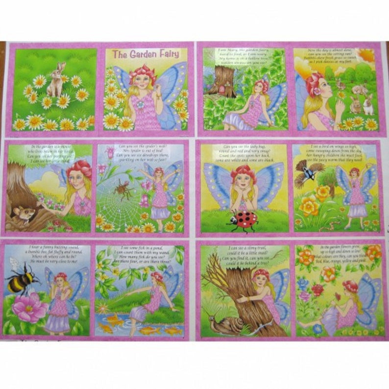 Garden Fairy Lady Bird Bees Cotton Quilting Fabric Book Panel