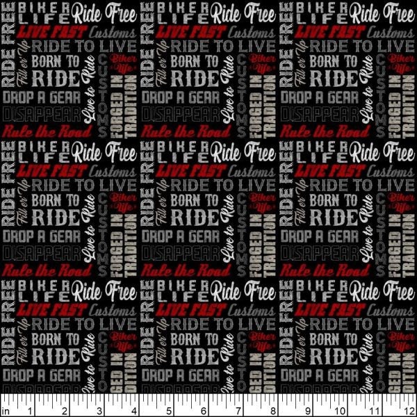 Ride Free Motorcycles Biker Lingo Black Background 28773-J Cotton Quilting Fabric 1/2 YARD