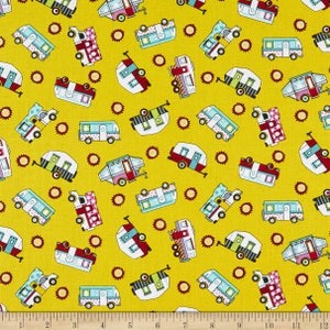 Roamin&#39; Holiday Caravans Campers Toss Yellow Cotton Quilting Fabric 1/2 YARD