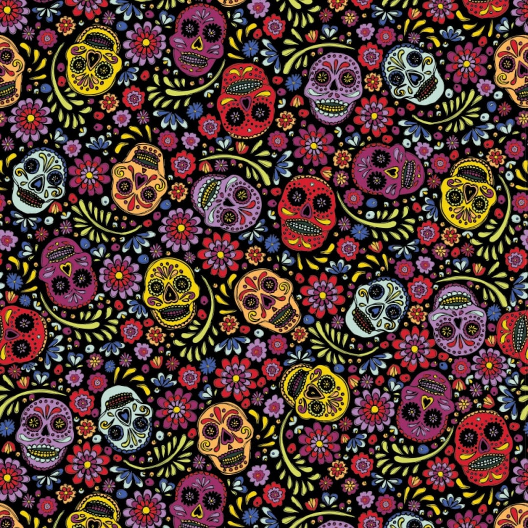 Eternally Yours Small Sugar Skulls Black Cotton Quilting Fabric 1/2 ...