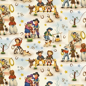 Pode incluir: Um fundo branco com um padrão repetido de cowboys e cowgirls em várias cenas. As cenas incluem uma fogueira, um rodeio e uma cerca. Os cowboys e as cowgirls usam roupas e chapéus coloridos. O fundo é decorado com estrelas, ferraduras e outras imagens com tema western.