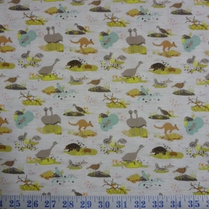 Roaming the Mallee Aussie Animals Kangaroo Emu Echidna Platypus White Cotton Quilting Fabric 1/2 YARD