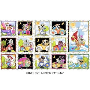 Puede incluir: Un panel de tela colorido con un patrón repetido de perros conduciendo varios vehículos. El panel presenta una variedad de colores, incluyendo rojo, azul, verde, amarillo y rosa. Los perros llevan todos gafas de sol y tienen expresiones felices. El panel mide 24 pulgadas por 44 pulgadas.