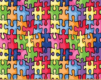 Tessuto per trapuntatura in cotone multicolore, 1/2 YARD, puzzle per la consapevolezza dell'autismo