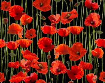 May include: A seamless pattern featuring red poppies with green stems against a black background.