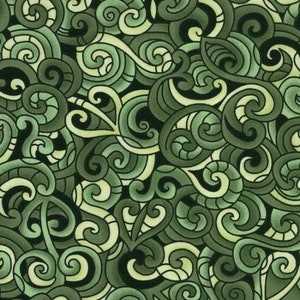 May include: A seamless pattern of swirling green and white abstract shapes. The design is reminiscent of a stylized floral pattern.