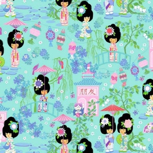 Geisha Girl Aqua Cotton Quilting Fabric 1/2 YARD