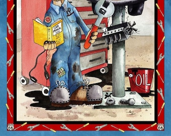 May include: A cartoon illustration of a mechanic working on a yellow car in a garage. The mechanic is holding a book titled "Car Repair 101". The garage has a sign that says "Full Service Garage Mechanic on Duty".
