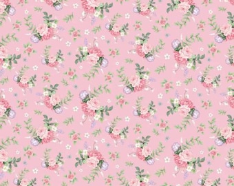 Tecido acolchoado de algodão floral rosa Little Wren Cottage 1/2 JARDA