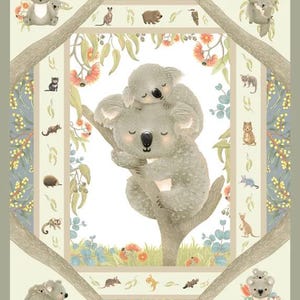 Könnte beinhalten: Ein weißer Hintergrund mit grünem Rand zeigt eine Mutter und ein Baby-Koala, die sich auf einem Baumzweig umarmen. Der Rand ist mit verschiedenen australischen Tieren verziert, darunter ein Wombat, ein Ameisenbär und ein Kookaburra.