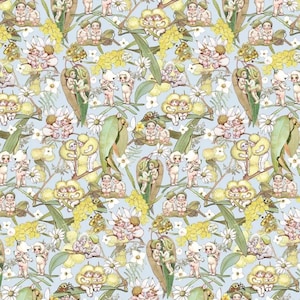 May include: A seamless pattern featuring tiny fairies with wings, sitting on branches of a leafy tree with yellow flowers. The background is a light blue color.