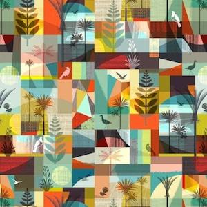 May include: Abstract geometric pattern with a colourful patchwork design featuring stylised birds, palm trees, and foliage in shades of green, blue, orange, yellow, and red.