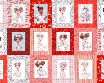 Loralie Nifty Nurses Red  Cotton Quilting Fabric Panel