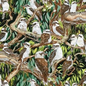 Australische Vögel Kookaburras in Gum Trees Schwarzer Hintergrund Baumwolle Quilting Stoff 1/2 HOF